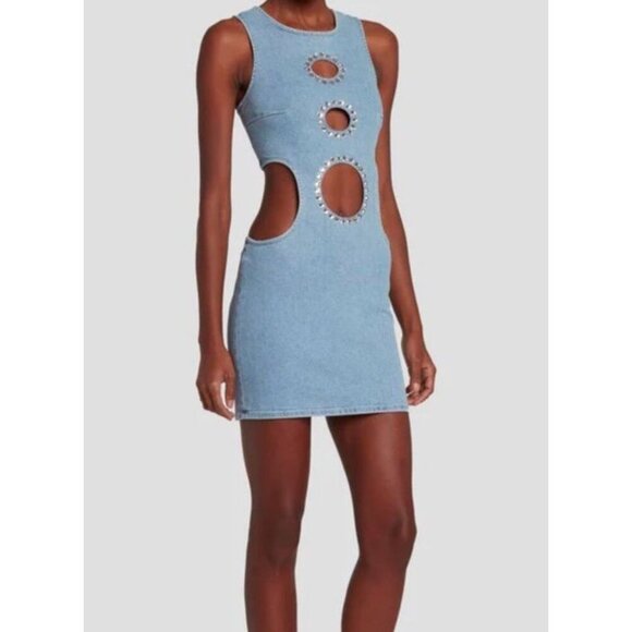 7FAM x ADR Sz M Dress Denim Mini Sleeveless Swarovski Cut Outs Blue Bodycon - Picture 2 of 14